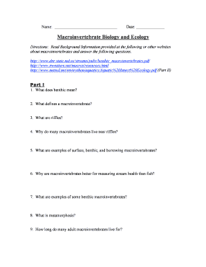 Macroinvertebrate Biology and Ecology Worksheet