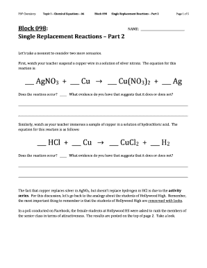 Chemistry Worksheet Single Replacement Reactions