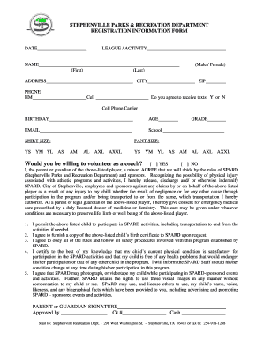 Stephenville Parks Recreation Registration Form