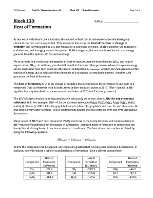 Chemistry Heat of Formation Worksheet