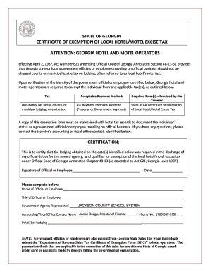 Georgia Local Hotel/Motel Excise Tax Exemption Certificate
