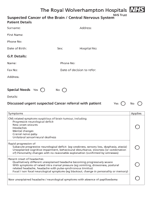 Suspected Cancer of the Brain / Central Nervous System Referral Form