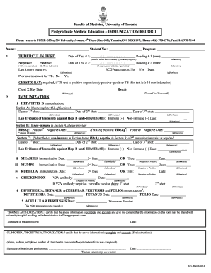 University of Toronto Postgraduate Medical Immunization Record