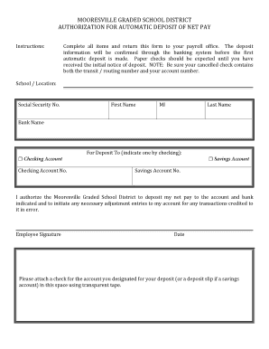 Mooresville School District Automatic Deposit Authorization