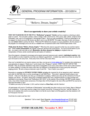 PTA Reflections Art Program Entry Form