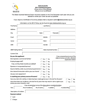 Skate Australia Coaching Insurance Application