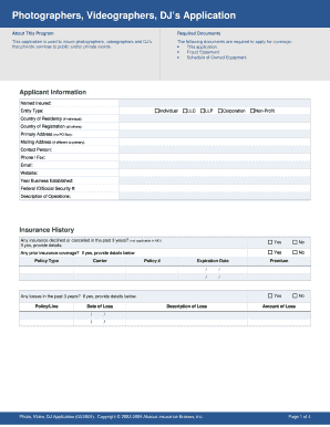 Photographers Videographers DJs Insurance Application