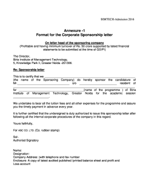 Annexure -1 Format for the Corporate Sponsorship letter