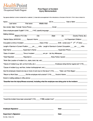 First Report of Incident Injury Memorandum
