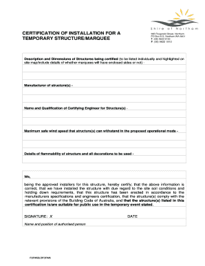 Certification of Installation for Temporary Structure