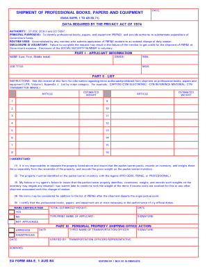 US Military Professional Books Papers Equipment Shipment Form