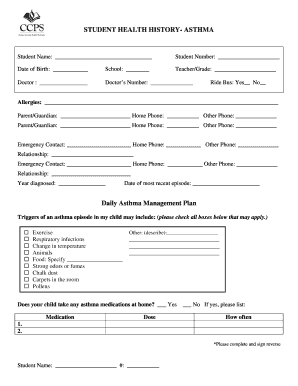Student Health History - Asthma Form