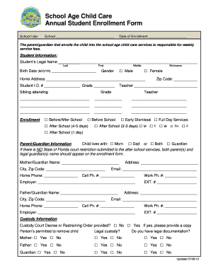 School Age Child Care Annual Enrollment Form