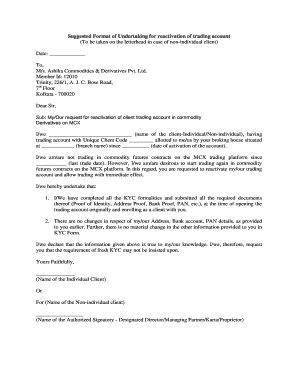 Undertaking for Reactivation of Trading Account