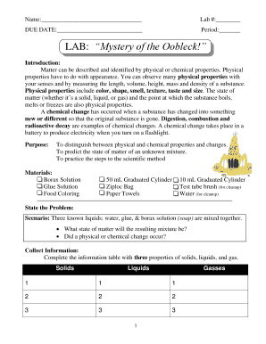 Science Lab Worksheet: Mystery of the Oobleck