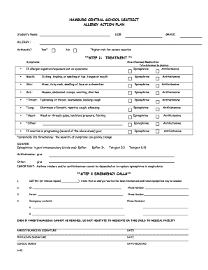 HAMBURG CENTRAL SCHOOL DISTRICT ALLERGY ACTION PLAN Students Name: DOB: GRADE: ALLERGY : Asthmatic