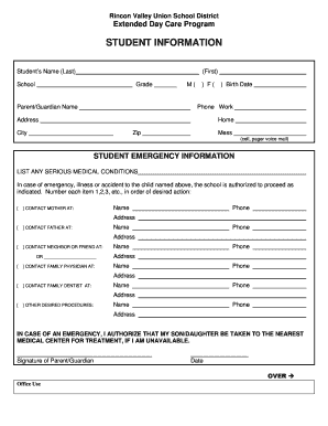 Rincon Valley Union School District Extended Day Care Authorization Form