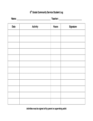 6th Grade Community Service Student Log