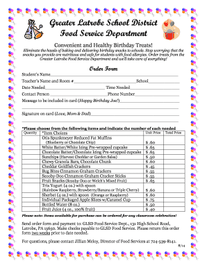 Greater Latrobe School District Birthday Treat Order Form
