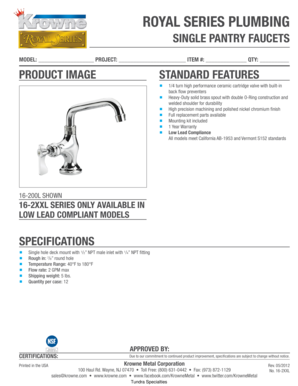 Royal Series Plumbing Single Pantry Faucets Specification Sheet