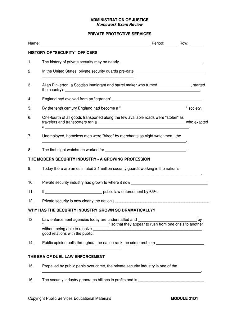 Fillable Online PRIVATE PROTECTIVE SERVICES HISTORY OF SECURITY