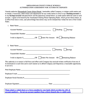 Shenandoah County Public Schools Direct Deposit Authorization