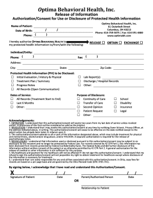 Optima Behavioral Health Release of Information