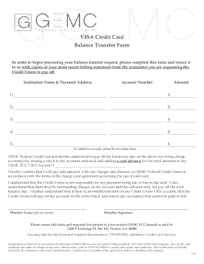 VISA Credit Card Balance Transfer Form