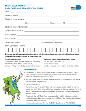 Miami-Dade Transit K-12 Easy Card Registration Form