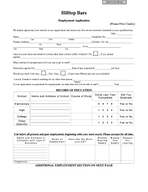 Hilltop Bars Employment Application