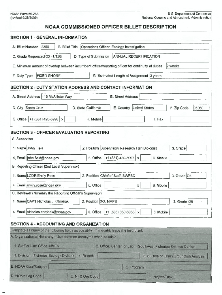 Fillable Online NOAA COMMISSIONED OFFICER BILLET DESCRIPTION I I I Fax