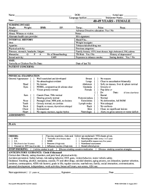 Nursing Intake Form for 40-49 Years Female