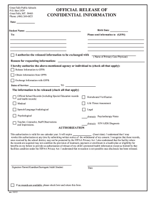Great Falls Public Schools Confidential Information Release Form