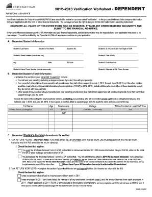 2012–2013 Verification Worksheet - Dependent