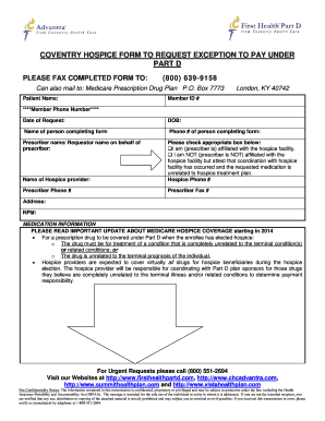Coventry Hospice Form to Request Exception to Pay Under Part D