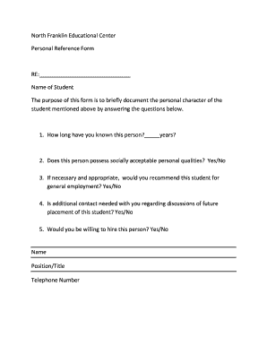 Personal Reference Form for Student