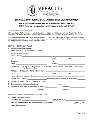 Zipline/Canopy Tour General Liability Insurance Application