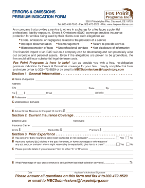 Errors & Omissions Insurance Premium Indication Form