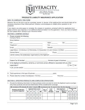 Products Liability Insurance Application