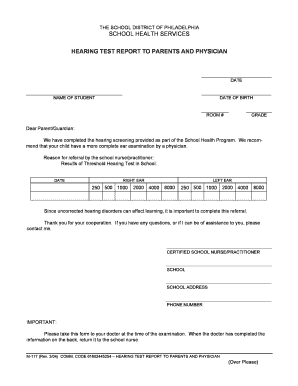 Hearing Test Report to Parents and Physician