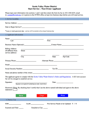Scotts Valley Water District Start Service Form