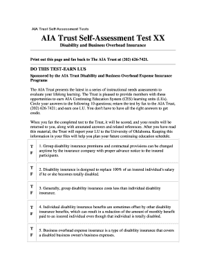 AIA Trust Self-Assessment Test for Disability and Business Overhead Insurance