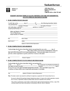 Exempt Motor Vehicle Sales Certificate
