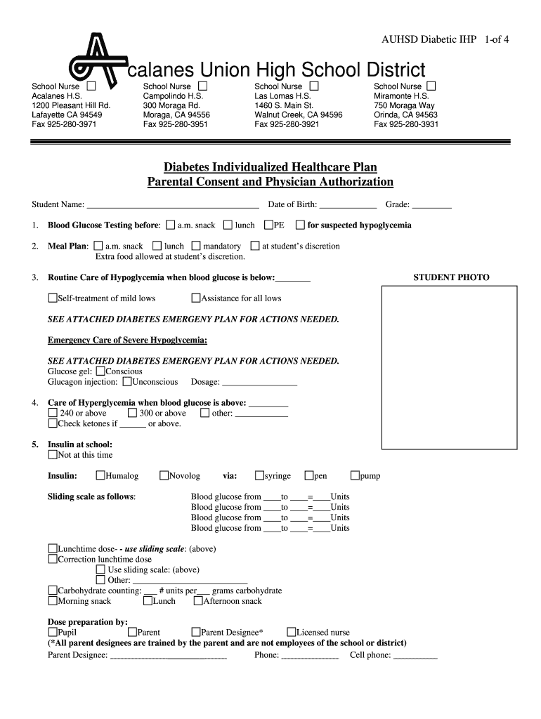 Fillable Online Diabetes Individualized Healthcare Plan Parental