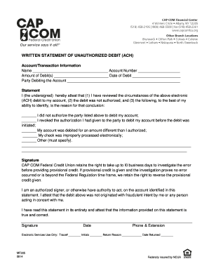 Written Statement of Unauthorized Debit (ACH)
