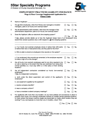 Employment Practices Liability Insurance Wage & Hour Coverage Supplemental Application