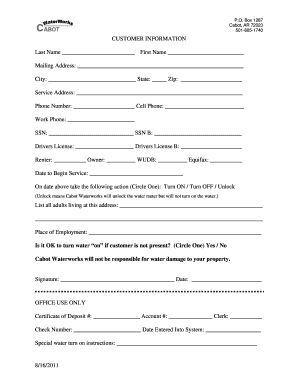 Cabot Waterworks Service Request Form