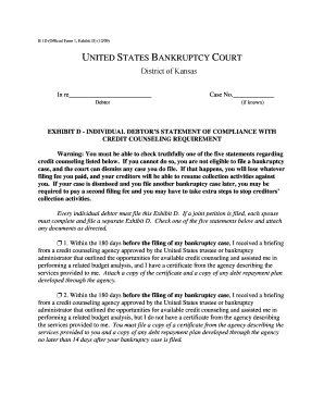 B 1D (Official Form 1, Exhibit D) (12/09) UNITED STATES BANKRUPTCY COURT District of District of Kansas In re Debtor Case No - ksb uscourts