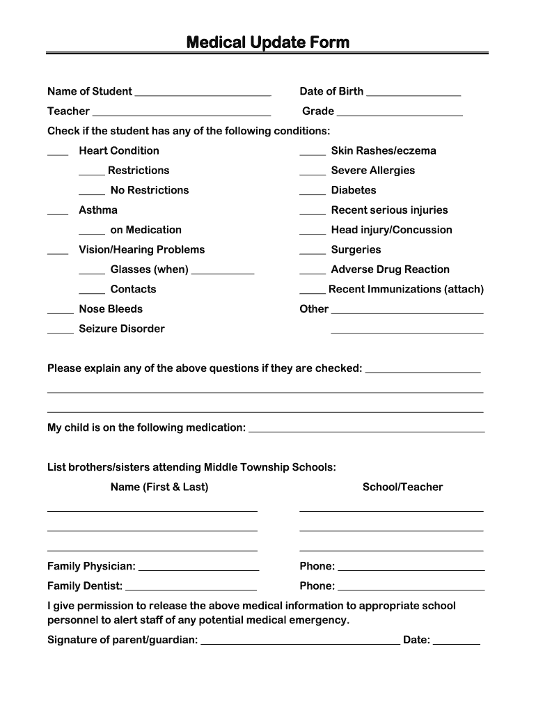 Medical Update Form - Middle Township Public Schools Preview on Page 1