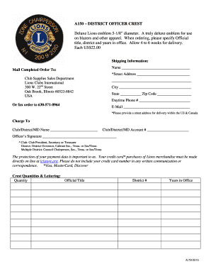 Lions Clubs International District Officer Crest Order Form